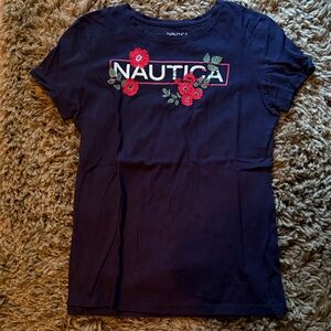 Nautica Navy Tee with Red Floral Logo Embroidery